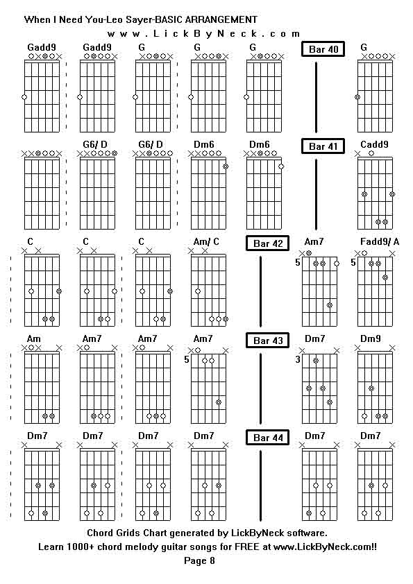 Chord Grids Chart of chord melody fingerstyle guitar song-When I Need You-Leo Sayer-BASIC ARRANGEMENT,generated by LickByNeck software.